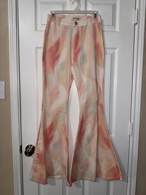Peach Love California Watercolor Tie-Dye Flare Jeans - Coral, Peach, Mint